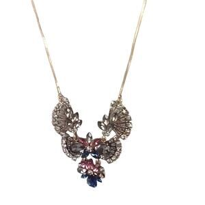 Blue and purple rhinestone necklace gold tone flower and fan shapes